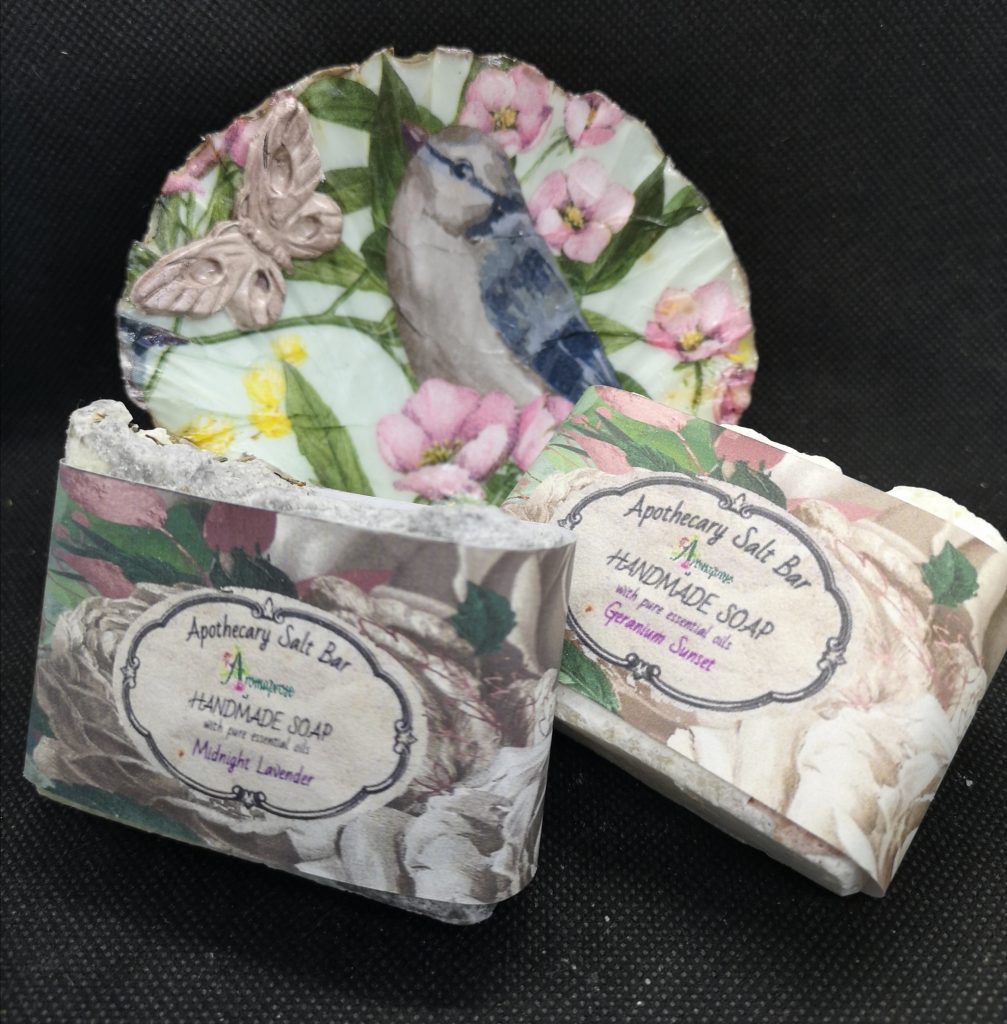 soaps in a decoupages soap dish