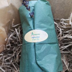 Green tissue paper packaging for pillowmists with lavender sprig
