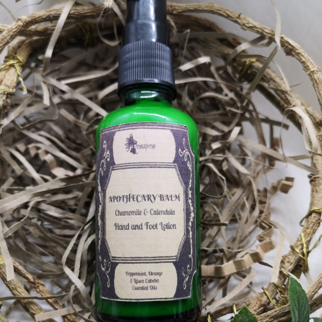 Hand and Foot Lotion in green glass pump bottle