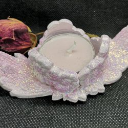 pink sparkle angel wings tea light holder with candle