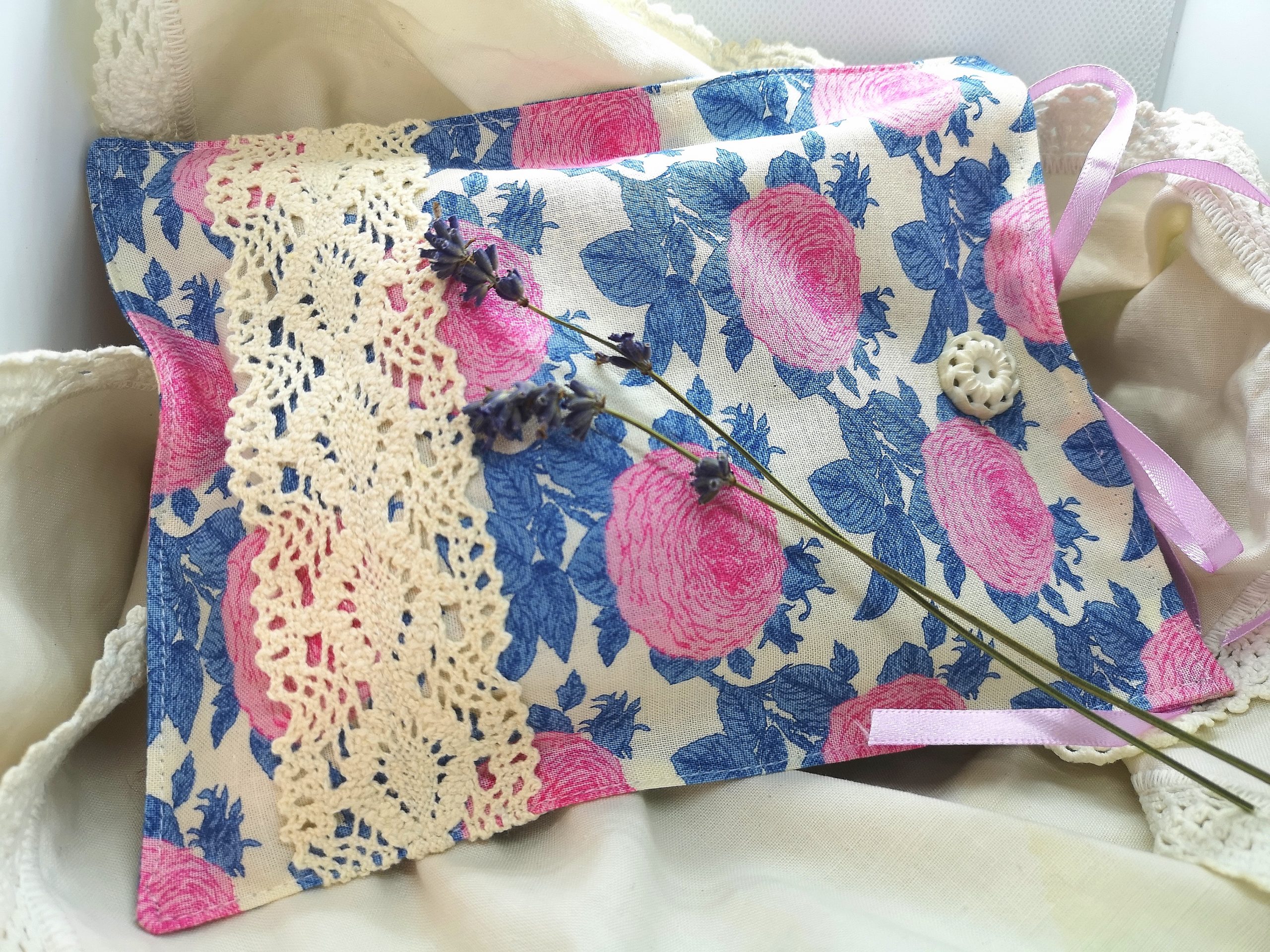 A blue and pink herbal pillow from Aromaprose
